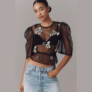 NEW Sizes S, M, L, XL Embellished Sheer Mesh Top by Anthropologie - Black